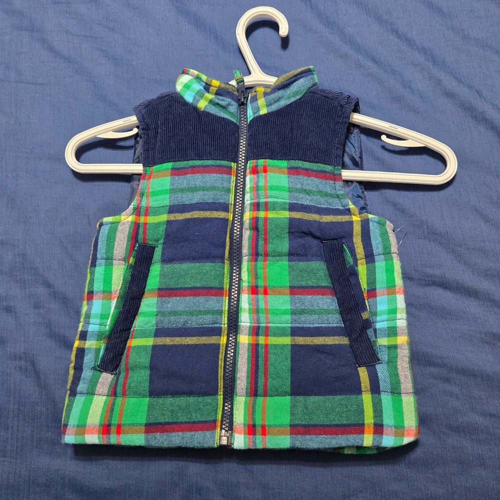 J. Khaki Puffer Vest Boys 2T Green Plaid Like New Corduroy Trim Full Zip Padded